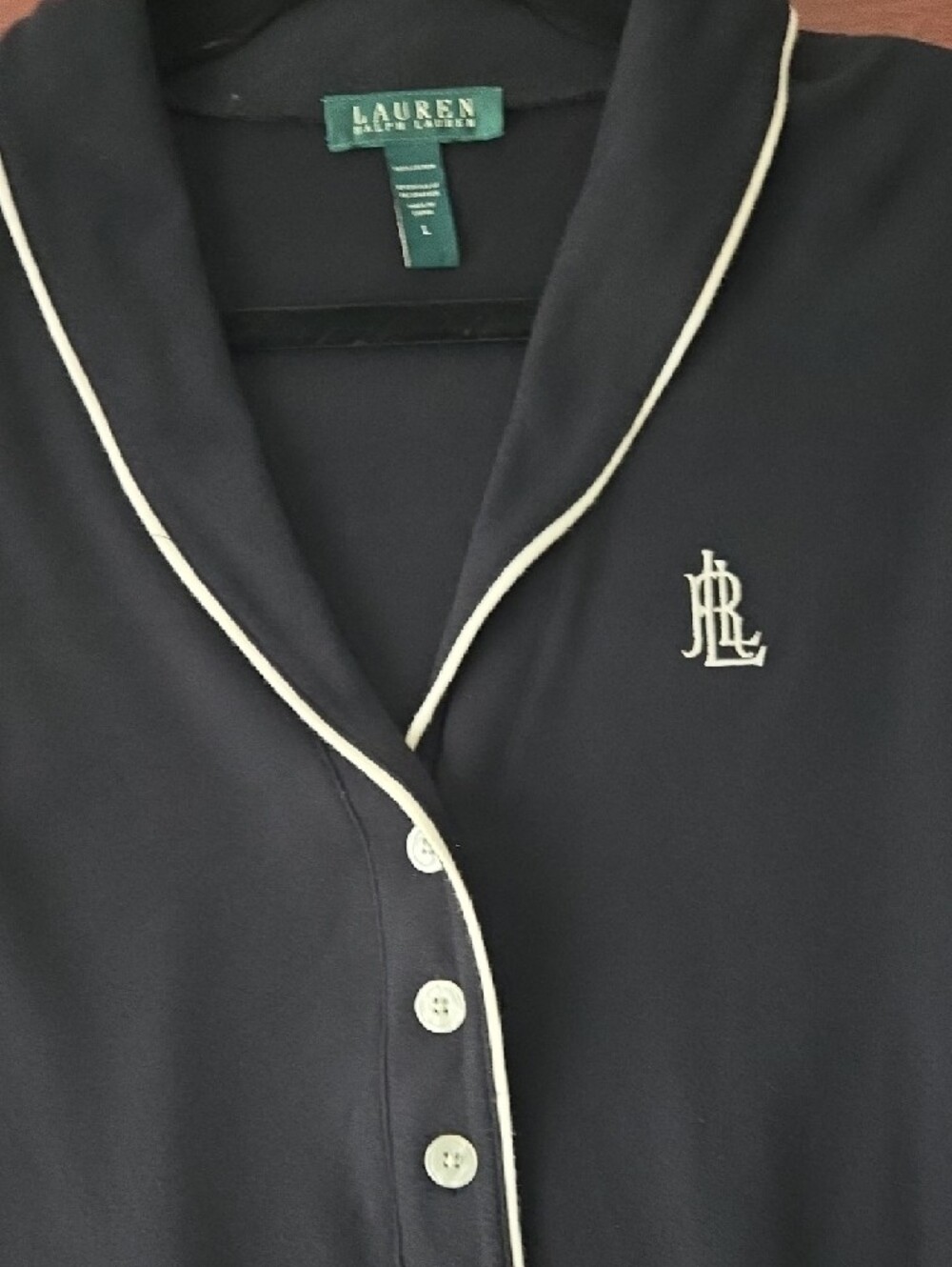 Lauren Ralph Lauren Black Long-Sleeve Polo-Style Sleepshirt with White Piping - Picture 5 of 6